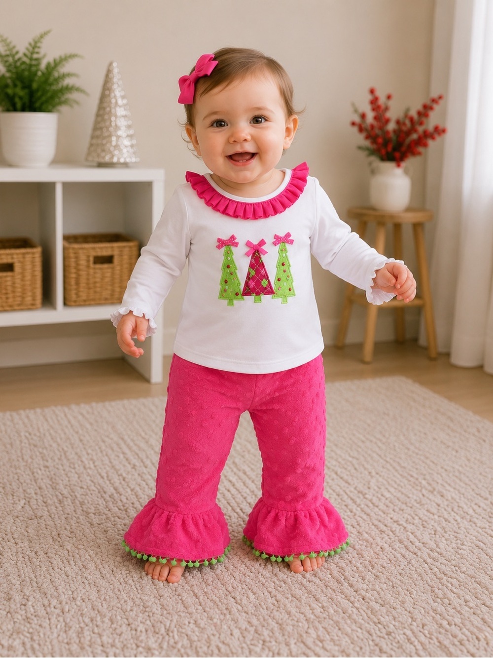 9-12 MTH Mud Pie Girls White Top & Hot Pink Ruffle Pants Holiday Pajama Set
